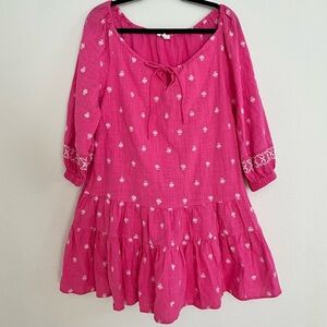 Pink Boho Tiered Mini Dress Embroidered Floral Peasant Cottagecore